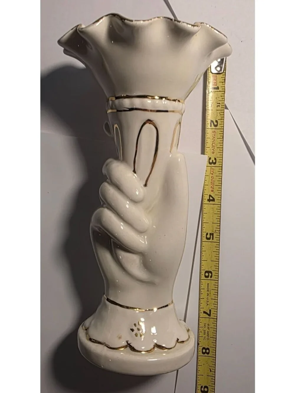 Vtg Vase Ceramic Hand Fluted Signed 1958 ruffle cream gold tone fingers torch